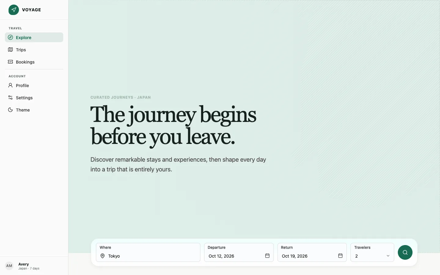 Voyage destination discovery page with a Tokyo hero and travel search controls